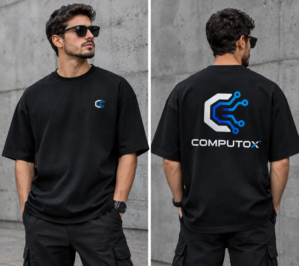 Black Computox oversize t-shirt, front and back design with Circuit logo
